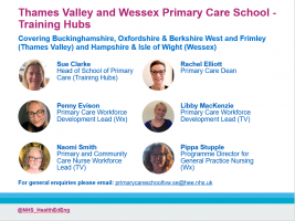Title: Thames Valley and Wessex Primary Care School - Training Hubs 
Subtitle: Covering Buckinghamshire, Oxfordshire & Berkshire West and Frimley (Thames Valley) and Hampshire & Isle of Wight (Wessex)
Top row left hand side: Sue Clarke, Head of School of Primary Care (Training Hubs) 
Top row right hand side: Rachel Elliott, Primary Care Dean 
Second row left hand side: Penny Evison, Primary Care Workforce Development Lead (Wx) 
Second row right hand side: Libby MacKenzie, Primary Care Workforce Development Lead (TV) 
Bottom row left hand side: Naomi Smith, Primary and Community Care Nurse Workforce Lead (TV) 
Bottom row right hand side: Pippa Stupple, Programme Director for General Practice Nursing (Wx)
Text at bottom of slide: For general enquiries please email: primarycareschooltvw.se@hee.nhs.uk
@NHS_HealthEdEng